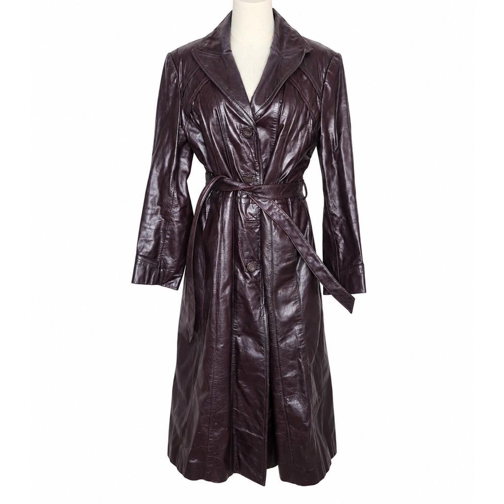 Vintage Berman's Lined Long Leather Belted Trench Coat Size 16 Burgundy Plum